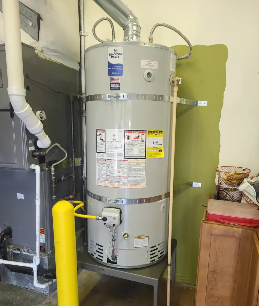 Gas water heater installed in a garage