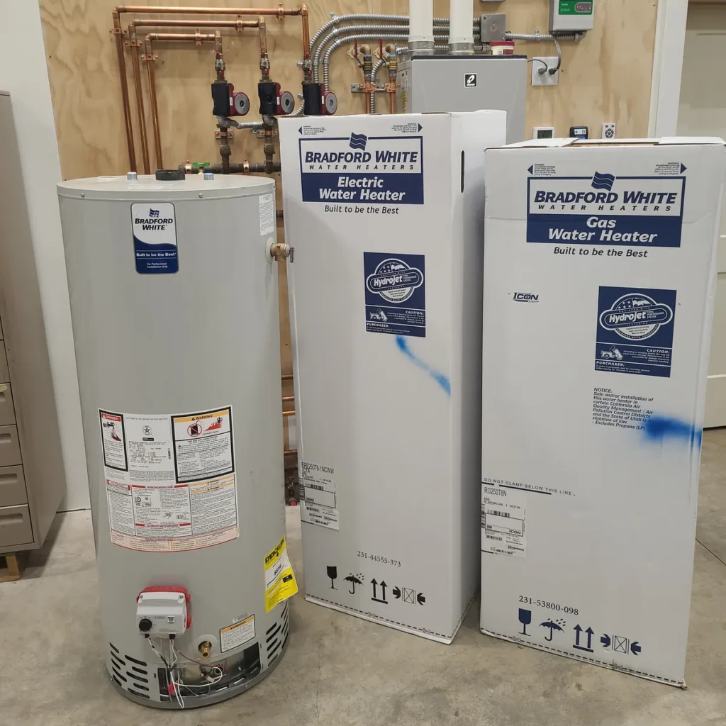 New Bradford White electric water heaters installed side by side