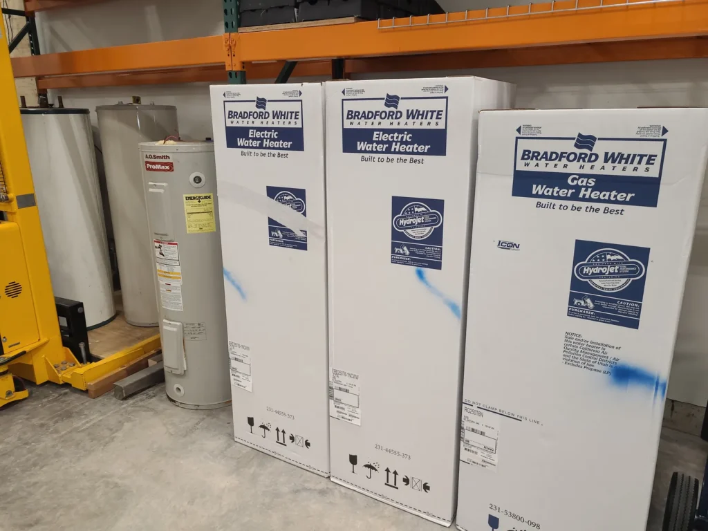 New Bradford White gas and electric water heaters ready to install