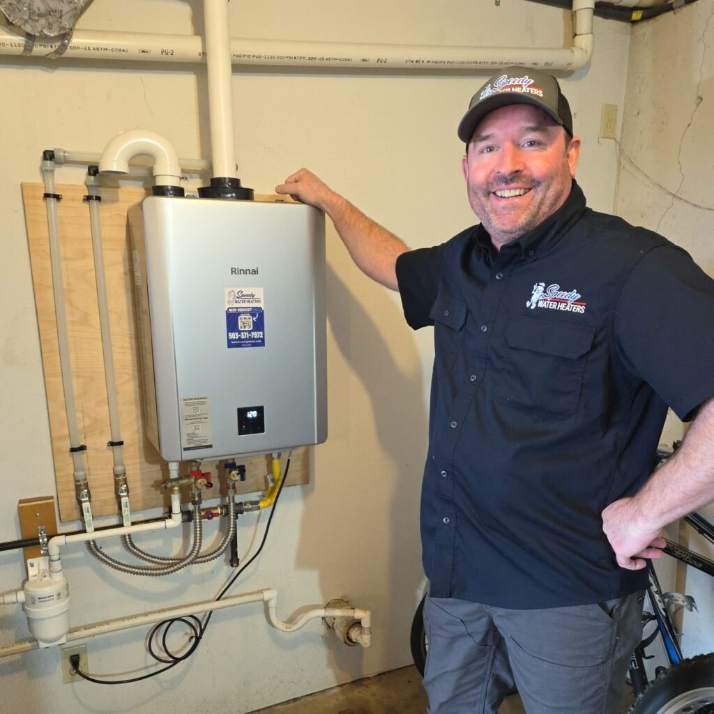 Speedy technician with an installed tankless water heater