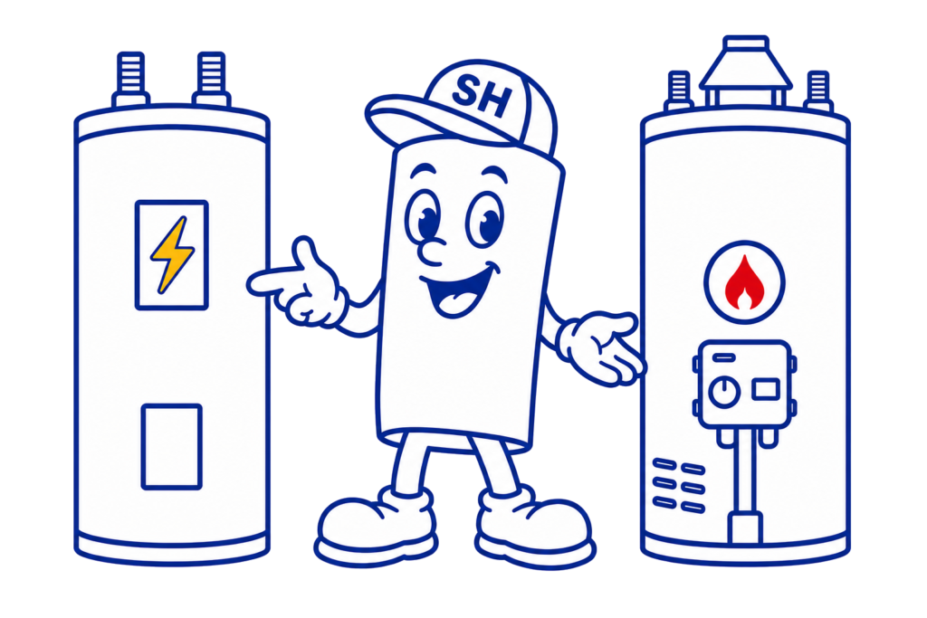 Speedy Water Heaters mascot between an electric and a gas water heater